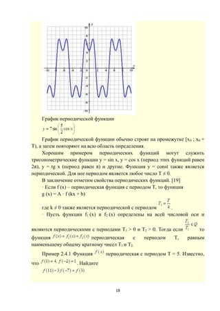 18
График периодической функции
График периодической функции обычно строят на промежутке [x0 ; x0 +
T), а затем повторяют на всю область определения.
Хорошим примером периодических функций могут служить
тригонометрические функции y = sin x, y = cos x (период этих функций равен
2π), y = tg x (период равен π) и другие. Функция y = const также является
периодической. Для нее периодом является любое число T ≠ 0.
В заключение отметим свойства периодических функций. [19]
· Если f (x) – периодическая функция с периодом T, то функция
g (x) = A · f (kx + b)
где k ≠ 0 также является периодической с периодом .
· Пусть функции f1 (x) и f2 (x) определены на всей числовой оси и
являются периодическими с периодами T1 > 0 и T2 > 0. Тогда если то
функция периодическая с периодом T, равным
наименьшему общему кратному чисел T1 и T2.
Пример 2.4.1 Функция периодическая с периодом T = 5. Известно,
что . Найдите
 