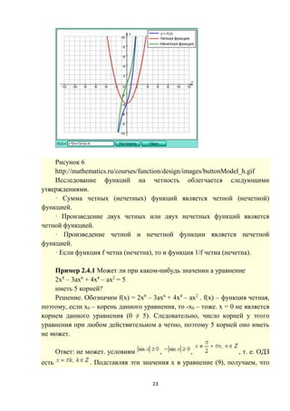 23
Рисунок 6
http://mathematics.ru/courses/function/design/images/buttonModel_h.gif
Исследование функций на четность облегчается следующими
утверждениями.
· Сумма четных (нечетных) функций является четной (нечетной)
функцией.
· Произведение двух четных или двух нечетных функций является
четной функцией.
· Произведение четной и нечетной функции является нечетной
функцией.
· Если функция f четна (нечетна), то и функция 1/f четна (нечетна).
Пример 2.4.1 Может ли при каком-нибудь значении а уравнение
2x8
– 3аx6
+ 4x4
– аx2
= 5
иметь 5 корней?
Решение. Обозначим f(x) = 2х8
– 3ах6
+ 4х4
– ах2
. f(x) – функция четная,
поэтому, если x0 – корень данного уравнения, то -x0 – тоже. x = 0 не является
корнем данного уравнения (0 ≠ 5). Следовательно, число корней у этого
уравнения при любом действительном а четно, поэтому 5 корней оно иметь
не может.
Ответ: не может. условиям , , , т. е. ОДЗ
есть . Подставляя эти значения х в уравнение (9), получаем, что
 
