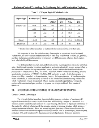 Emission Control Technology for Stationary Internal Combustion Engines
July 1997
3
Table 2: IC Engine Typical Emission Levels
Engine Type Lambda*(ë) Mode Emission (g/bhp-hr)
NMHC CO NOx PM
Natural Gas 0.98 Rich 0.3 13.9 8.3 Low
0.99 Rich 0.2 8.0 11.0 Low
1.06 Lean 1.0 1.0 18.0 Low
1.74 Lean 1.0 3.0 0.7 Low
Diesel 1.6-3.2 Lean 0.3 1.0 11.6 0.25-0.8
Dual Fuel 1.6-1.9 Lean 0.5 2.5 4.1 NA
* ë is the ratio of the actual air to fuel ratio to the stoichiometric air to fuel ratio.
It is important to note that emissions vary from engine to engine and model to model.
Nonetheless, the above values are representative of what may be expected. Natural gas, propane,
and dual fuel engines are characterized by relatively low PM emissions, whereas diesel engines
have relatively high PM emissions.
The difference between rich, lean, and stoichiometric engine operation lies in the air to fuel
ratio. Stoichiometric engine operation is defined as having the chemically correct amount of air in
the combustion chamber during combustion. Hence, perfect combustion would result in the
production of carbon dioxide (CO ) and water. However, perfect combustion not being possible2
results in the production of NMHC, CO, NOx, PM, and water as well. A rich-burn engine is
characterized by excess fuel in the combustion chamber during combustion. A lean-burn engine,
on the other hand, is characterized by excess air in the combustion chamber during combustion
which results in an oxygen rich exhaust. Diesel engines inherently operate lean, whereas IC
engines which use natural gas, gasoline, or propane can be operated in all three modes of
operation.
III. GASEOUS EMISSION CONTROL OF STATIONARY IC ENGINES
Catalyst Control Technologies
The principle behind a catalyst for control of the gaseous emissions of a stationary IC
engine is that the catalyst causes chemical reactions without being changed or consumed. An
emission control catalyst system consists of a steel housing, whose size is dependent on the size of
the engine for which it is being used, that contains a metal or ceramic structure which acts as a
catalyst support or substrate. There are no moving parts, just acres of interior surfaces on the
substrate coated with either base or precious catalytic metals such as platinum (Pt), rhodium (Rh),
palladium (Pd), and vanadium (V) depending on targeted pollutants. Catalysts transform
 