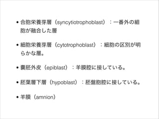 ? ϰBѿӣsyncytiotrophoblastһμ
ںϤ
? Bѿӣcytotrophoblaste
餫ʌӡ
? ƤepiblastĤǻ˽ӤƤ롣
? ~ӣhypoblast߱Pǻ˽ӤƤ롣
? Ĥamnion
 