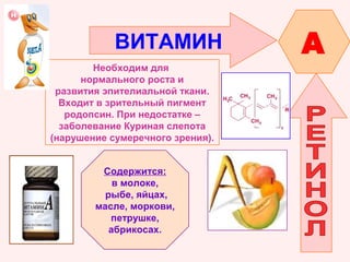 ВИТАМИН
Необходим для
нормального роста и
развития эпителиальной ткани.
Входит в зрительный пигмент
родопсин. При недостатке –
заболевание Куриная слепота
(нарушение сумеречного зрения).
Содержится:
в молоке,
рыбе, яйцах,
масле, моркови,
петрушке,
абрикосах.

A

 