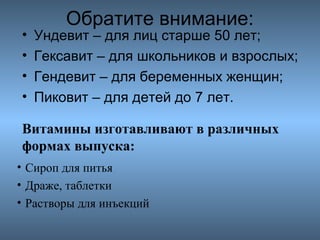 •
•
•
•

Обратите внимание:

Ундевит – для лиц старше 50 лет;
Гексавит – для школьников и взрослых;
Гендевит – для беременных женщин;
Пиковит – для детей до 7 лет.

Витамины изготавливают в различных
формах выпуска:
• Сироп для питья
• Драже, таблетки
• Растворы для инъекций

 