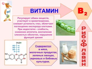ВИТАМИН
Регулирует обмен веществ,
участвует в кроветворении,
снижает усталость глаз, облегчает
поглощение кислорода клетками.
При недостатке - слабость,
снижение аппетита, воспаление
слизистых оболочек, нарушение
функций зрения

Содержится:
в мясе,
молочных продуктах,
зеленых овощах,
зерновых и бобовых
культурах.

B2

 
