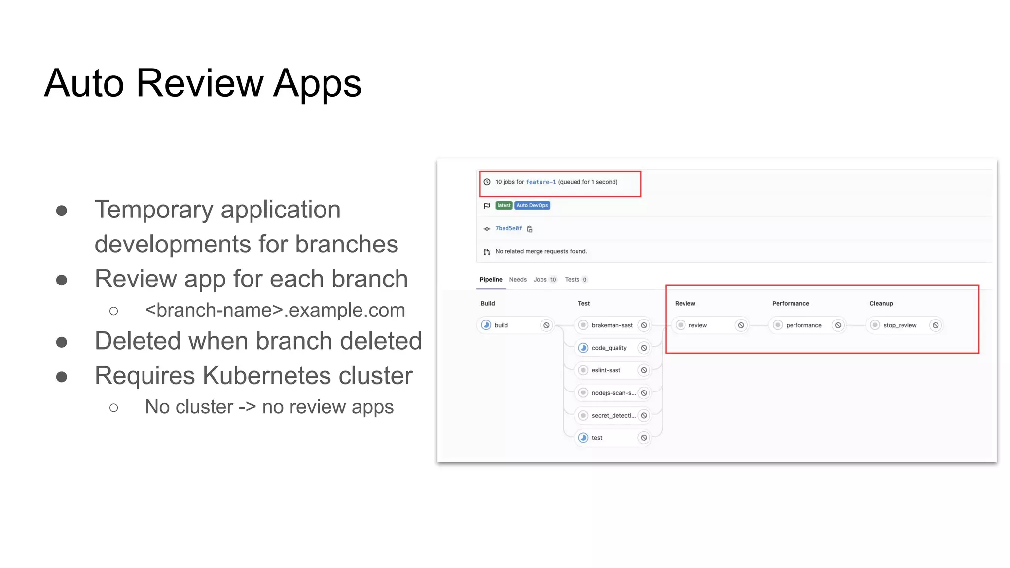 Auto Review Apps ● Temporary application developments for branches ● Review app for each branch ○ <branch-name>.example.com ● Deleted when branch deleted ● Requires Kubernetes cluster ○ No cluster -> no review apps 