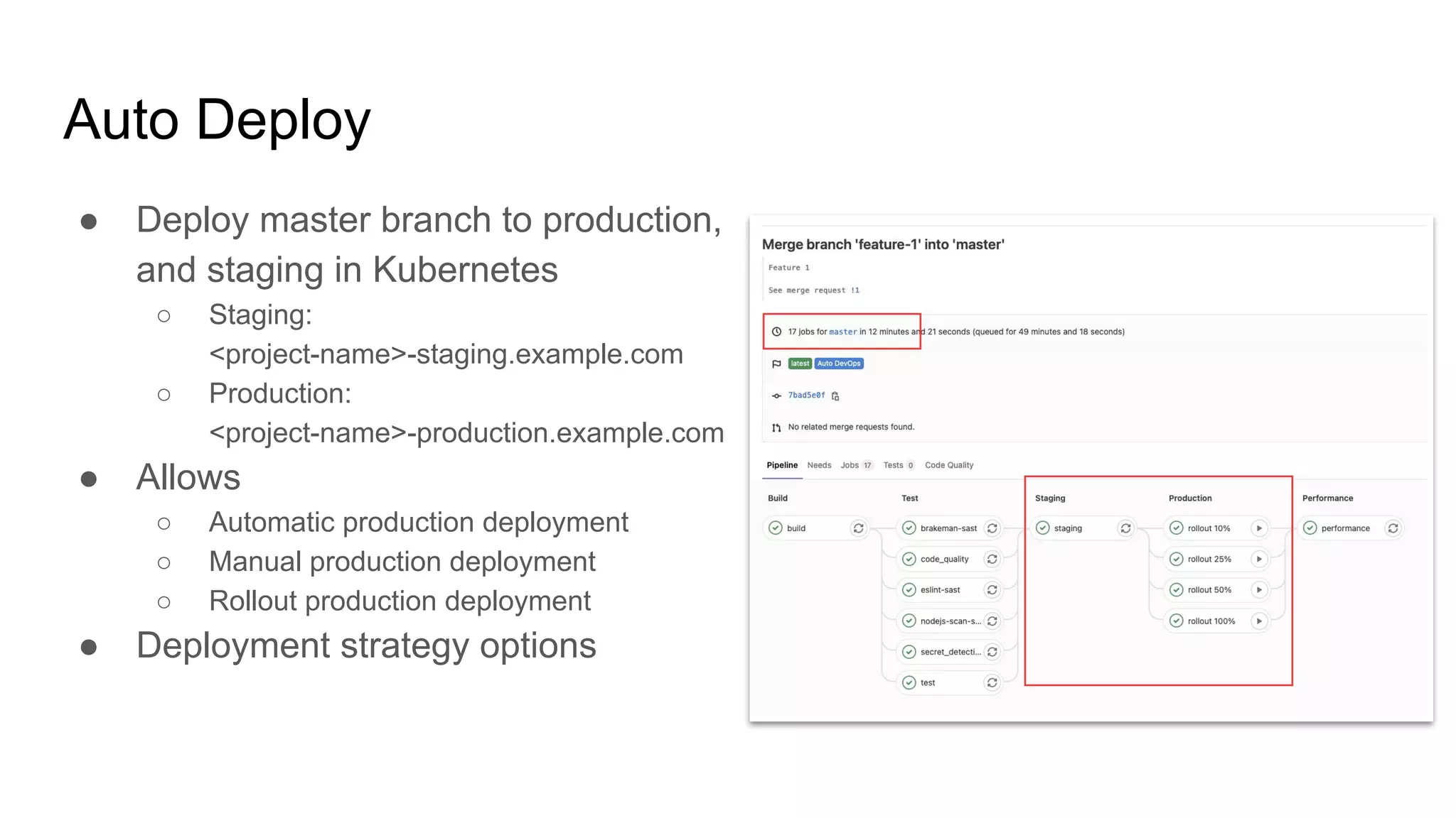 Auto Deploy ● Deploy master branch to production, and staging in Kubernetes ○ Staging: <project-name>-staging.example.com ○ Production: <project-name>-production.example.com ● Allows ○ Automatic production deployment ○ Manual production deployment ○ Rollout production deployment ● Deployment strategy options 