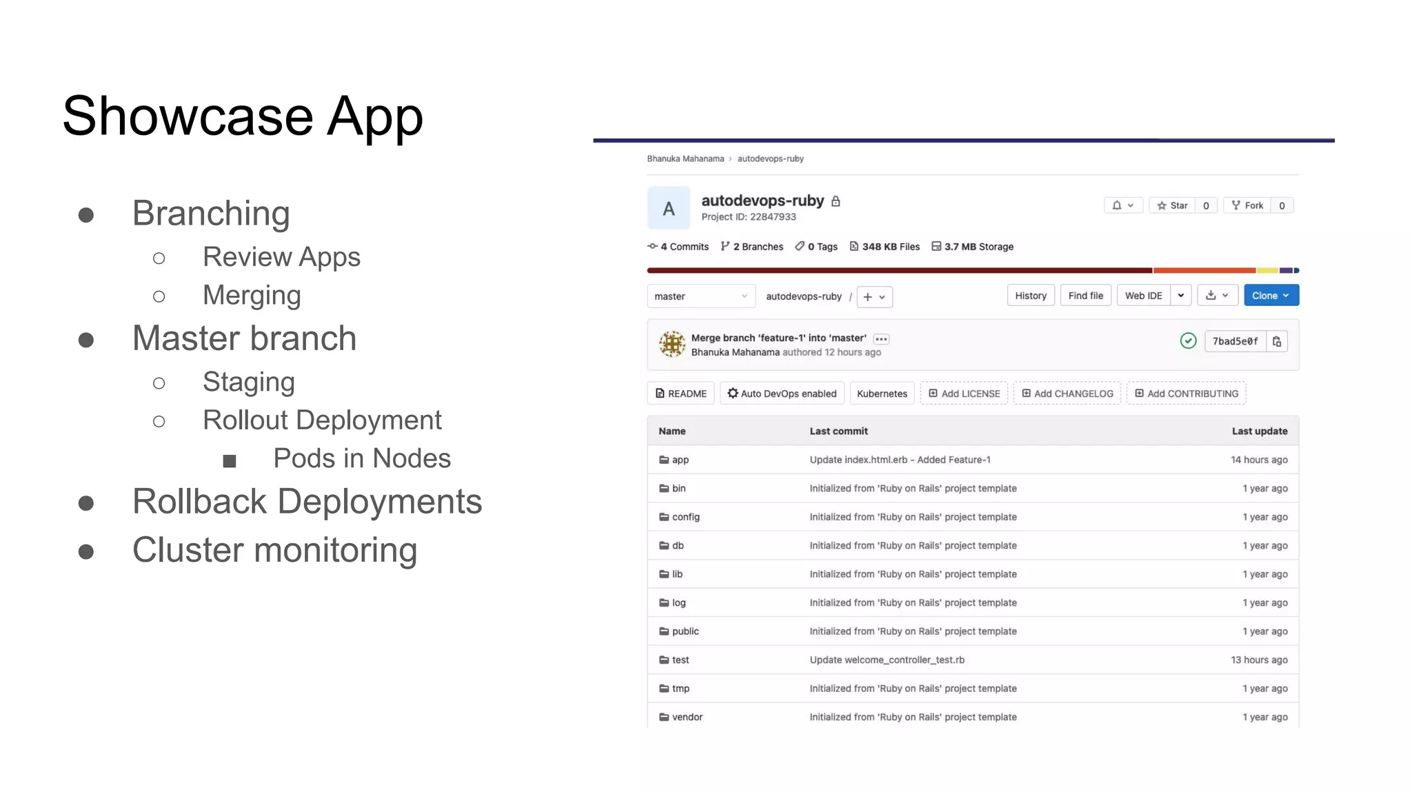 Showcase App ● Branching ○ Review Apps ○ Merging ● Master branch ○ Staging ○ Rollout Deployment ■ Pods in Nodes ● Rollback Deployments ● Cluster monitoring 