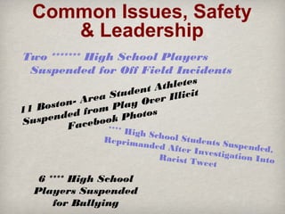 Common Issues, Safety
& Leadership
Two ******* High School Players
Suspended for Off Field Incidents

letes
t Ath
uden
a St
Illicit
- Are
Over
n
osto
Play
11 B
from
d ed
hotos
spen
u
ook P
S
aceb ****
F
H

igh Scho
ol Stude
Reprima
nts Susp
nded Aft
ended,
er Inves
tigation
Racist T
Into
weet

6 **** High School
Players Suspended
for Bullying

 
