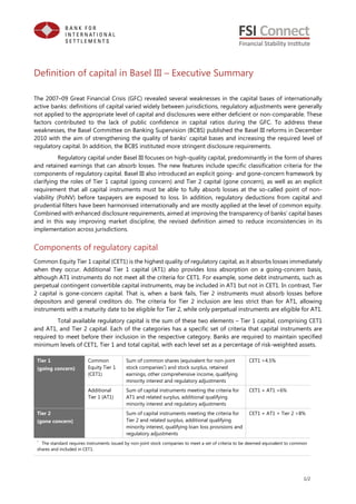1/2
Definition of capital in Basel III – Executive Summary
The 2007–09 Great Financial Crisis (GFC) revealed several weaknesses in the capital bases of internationally
active banks: definitions of capital varied widely between jurisdictions, regulatory adjustments were generally
not applied to the appropriate level of capital and disclosures were either deficient or non-comparable. These
factors contributed to the lack of public confidence in capital ratios during the GFC. To address these
weaknesses, the Basel Committee on Banking Supervision (BCBS) published the Basel III reforms in December
2010 with the aim of strengthening the quality of banks’ capital bases and increasing the required level of
regulatory capital. In addition, the BCBS instituted more stringent disclosure requirements.
Regulatory capital under Basel III focuses on high-quality capital, predominantly in the form of shares
and retained earnings that can absorb losses. The new features include specific classification criteria for the
components of regulatory capital. Basel III also introduced an explicit going- and gone-concern framework by
clarifying the roles of Tier 1 capital (going concern) and Tier 2 capital (gone concern), as well as an explicit
requirement that all capital instruments must be able to fully absorb losses at the so-called point of non-
viability (PoNV) before taxpayers are exposed to loss. In addition, regulatory deductions from capital and
prudential filters have been harmonised internationally and are mostly applied at the level of common equity.
Combined with enhanced disclosure requirements, aimed at improving the transparency of banks’ capital bases
and in this way improving market discipline, the revised definition aimed to reduce inconsistencies in its
implementation across jurisdictions.
Components of regulatory capital
Common Equity Tier 1 capital (CET1) is the highest quality of regulatory capital, as it absorbs losses immediately
when they occur. Additional Tier 1 capital (AT1) also provides loss absorption on a going-concern basis,
although AT1 instruments do not meet all the criteria for CET1. For example, some debt instruments, such as
perpetual contingent convertible capital instruments, may be included in AT1 but not in CET1. In contrast, Tier
2 capital is gone-concern capital. That is, when a bank fails, Tier 2 instruments must absorb losses before
depositors and general creditors do. The criteria for Tier 2 inclusion are less strict than for AT1, allowing
instruments with a maturity date to be eligible for Tier 2, while only perpetual instruments are eligible for AT1.
Total available regulatory capital is the sum of these two elements – Tier 1 capital, comprising CET1
and AT1, and Tier 2 capital. Each of the categories has a specific set of criteria that capital instruments are
required to meet before their inclusion in the respective category. Banks are required to maintain specified
minimum levels of CET1, Tier 1 and total capital, with each level set as a percentage of risk-weighted assets.
Tier 1
(going concern)
Common
Equity Tier 1
(CET1)
Sum of common shares (equivalent for non-joint
stock companies*
) and stock surplus, retained
earnings, other comprehensive income, qualifying
minority interest and regulatory adjustments
CET1 >4.5%
Additional
Tier 1 (AT1)
Sum of capital instruments meeting the criteria for
AT1 and related surplus, additional qualifying
minority interest and regulatory adjustments
CET1 + AT1 >6%
Tier 2
(gone concern)
Sum of capital instruments meeting the criteria for
Tier 2 and related surplus, additional qualifying
minority interest, qualifying loan loss provisions and
regulatory adjustments
CET1 + AT1 + Tier 2 >8%
*
The standard requires instruments issued by non-joint stock companies to meet a set of criteria to be deemed equivalent to common
shares and included in CET1.
 