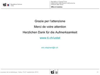 Grazie per l’attenzione
Merci de votre attention
Herzlichen Dank für die Aufmerksamkeit

s suisses de la statistique, Vaduz 19-21 septembre 2012.

www.ti.ch/ustat
eric.stephani@ti.ch

39

 