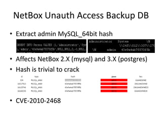 NetBoxUnauth Access Backup DBExtract admin MySQL_64bit hash Affects NetBox 2.X (mysql) and 3.X (postgres)Hash is trivial to crackCVE-2010-2468