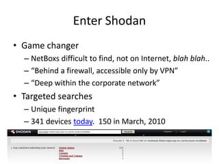 Enter ShodanGame changerNetBoxsdifficult to find, not on Internet, blah blah..“Behind a firewall, accessible only by VPN”“Deep within the corporate network”Targeted searchesUnique fingerprint341devices today.  150 in March, 2010