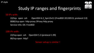 50	
  IPs	
  with:	
  
22/tcp	
  	
  	
  open	
  	
  ssh	
  	
  	
  	
  	
  	
  	
  	
  OpenSSH	
  6.2_hpn13v11	
  (FreeBSD	
  20130515;	
  protocol	
  2.0)	
  
8080/tcp	
  open	
  	
  hvp-­‐proxy	
  3Proxy	
  hvp	
  proxy	
  
Service	
  Info:	
  OS:	
  FreeBSD	
  
	
  
108	
  IPs	
  with:	
  
22/tcp	
  open	
  	
  ssh	
  	
  	
  	
  	
  OpenSSH	
  5.3	
  (protocol	
  1.99)	
  
80/tcp	
  open	
  	
  hvp?	
  
Server	
  setup	
  is	
  similar	
  !	
  
Study	
  IP	
  ranges	
  and	
  ﬁngerprints	
  
IP	
  style	
  
 