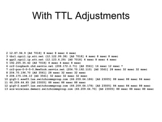 With TTL Adjustments
2 12.87.94.9 [AS 7018] 8 msec 8 msec 4 msec
3 tbr1.cgcil.ip.att.net (12.122.99.38) [AS 7018] 4 msec 8 msec 8 msec
4 ggr2.cgcil.ip.att.net (12.123.6.29) [AS 7018] 4 msec 8 msec 4 msec
5 192.205.35.42 [AS 7018] 8 msec 4 msec 8 msec
6 cr2-loopback.chd.savvis.net (208.172.2.71) [AS 3561] 16 msec 12 msec *
7 cr2-pos-0-0-5-0.NewYork.savvis.net (204.70.192.110) [AS 3561] 28 msec 32 msec 32 msec
8 204.70.196.70 [AS 3561] 28 msec 32 msec 32 msec
9 208.175.194.10 [AS 3561] 32 msec 32 msec 32 msec
10 gig5-1.esw03.las.switchcommgroup.com (66.209.64.186) [AS 23005] 88 msec 88 msec 84 msec
11 66.209.64.85 [AS 23005] 88 msec 88 msec 88 msec
12 gig0-2.esw07.las.switchcommgroup.com (66.209.64.178) [AS 23005] 84 msec 84 msec 88 msec
13 acs-wireless.demarc.switchcommgroup.com (66.209.64.70) [AS 23005] 88 msec 88 msec 88 msec
 