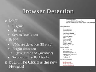 12 
MrT 
Plugins 
History 
Screen Resolution 
BeEF 
VMware detection (IE only) 
Plugindetection 
(Java, Flash and Quicktime) 
Setup script in Backtrack4 
But…. The Cloud is the new Hotness!  