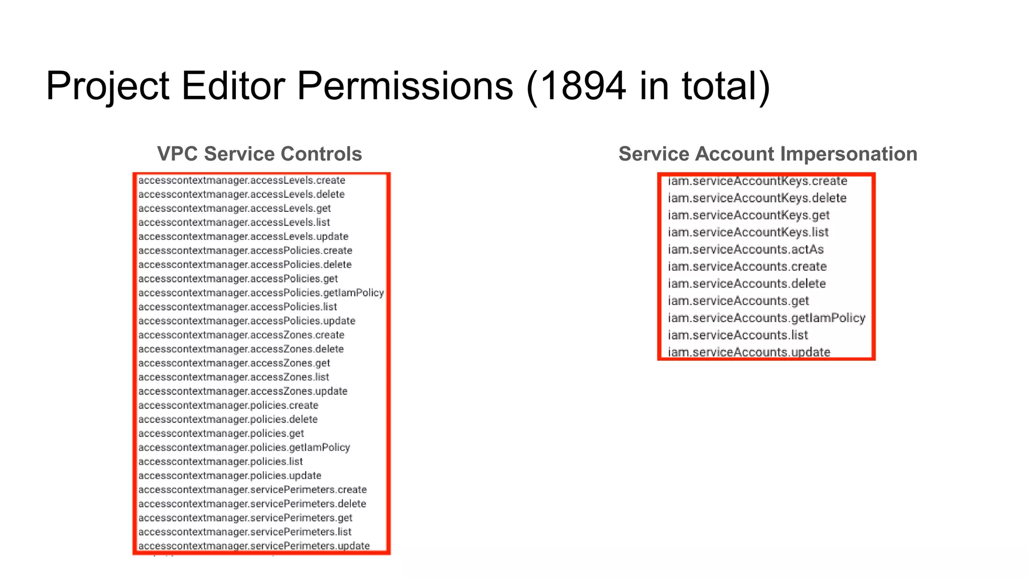 Service Account Impersonation
Project Editor Permissions (1894 in total)
VPC Service Controls
 