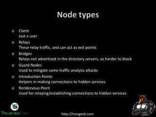 http://Irongeek.com
Client
Just a user
Relays
These relay traffic, and can act as exit points
Bridges
Relays not advertised in the directory servers, so harder to block
Guard Nodes
Used to mitigate some traffic analysis attacks
Introduction Points
Helpers in making connections to hidden services
Rendezvous Point
Used for relaying/establishing connections to hidden services
 