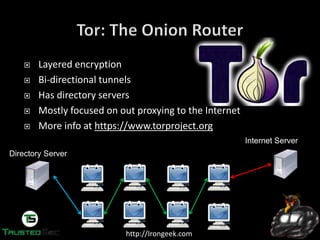 http://Irongeek.com
Layered encryption
Bi-directional tunnels
Has directory servers
Mostly focused on out proxying to the Internet
More info at https://www.torproject.org
Internet Server
Directory Server
 