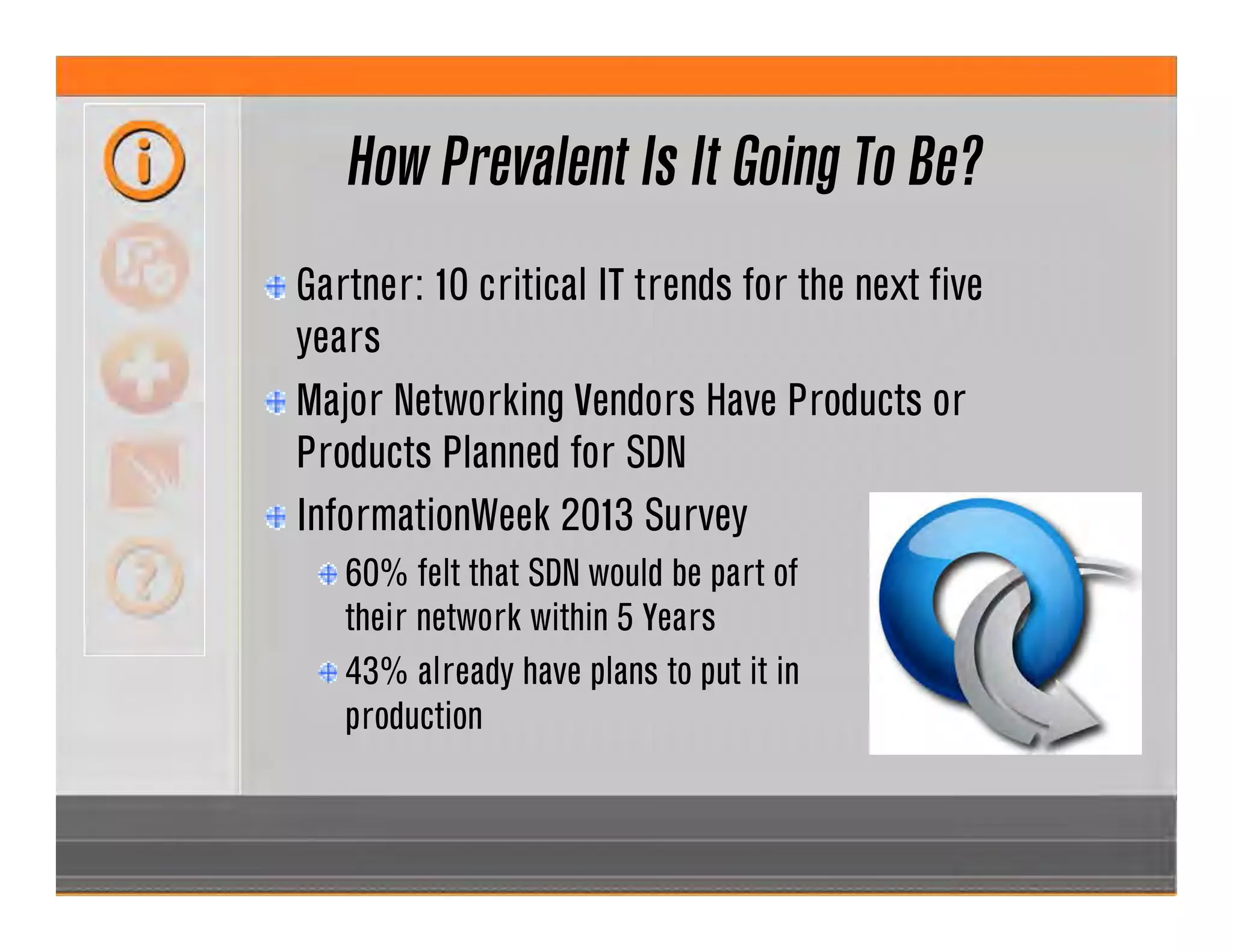 How Prevalent Is It Going To Be?
Gartner: 10 critical IT trends for the next five
years
Major Networking Vendors Have Products or
Products Planned for SDN
InformationWeek 2013 Survey
60% felt that SDN would be part of
their network within 5 Years
43% already have plans to put it in
production
 
