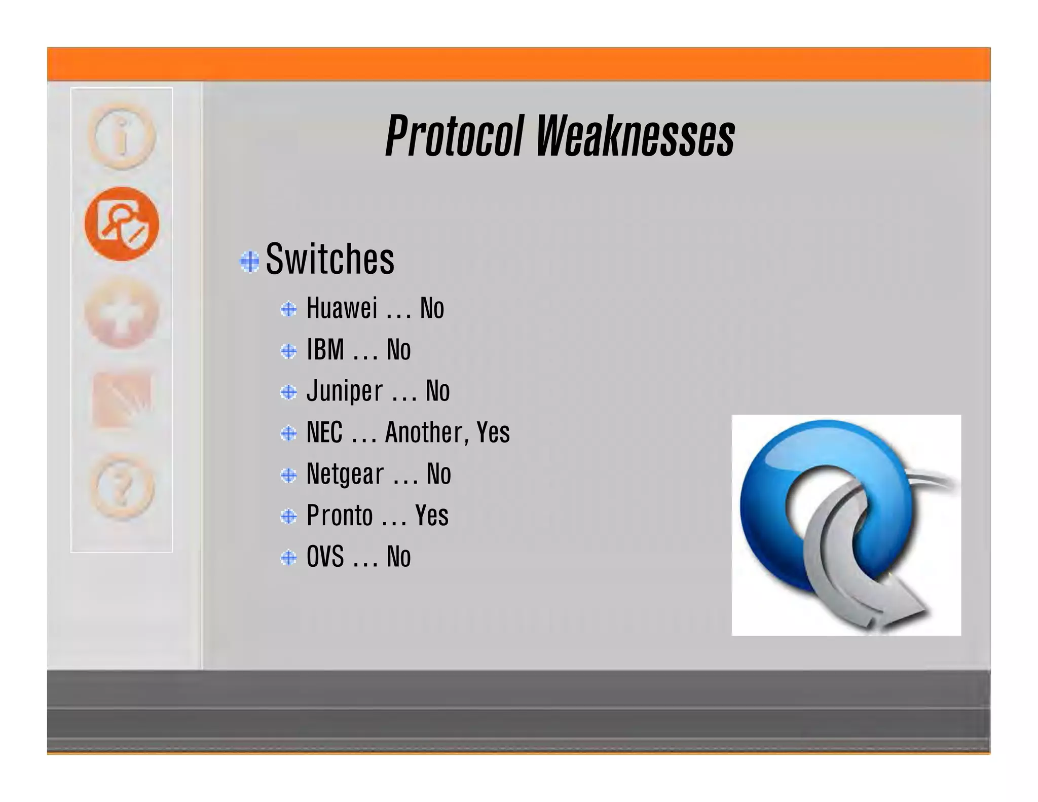 Protocol Weaknesses
Switches
Huawei … No
IBM … No
Juniper … No
NEC … Another, Yes
Netgear … No
Pronto … Yes
OVS … No
 