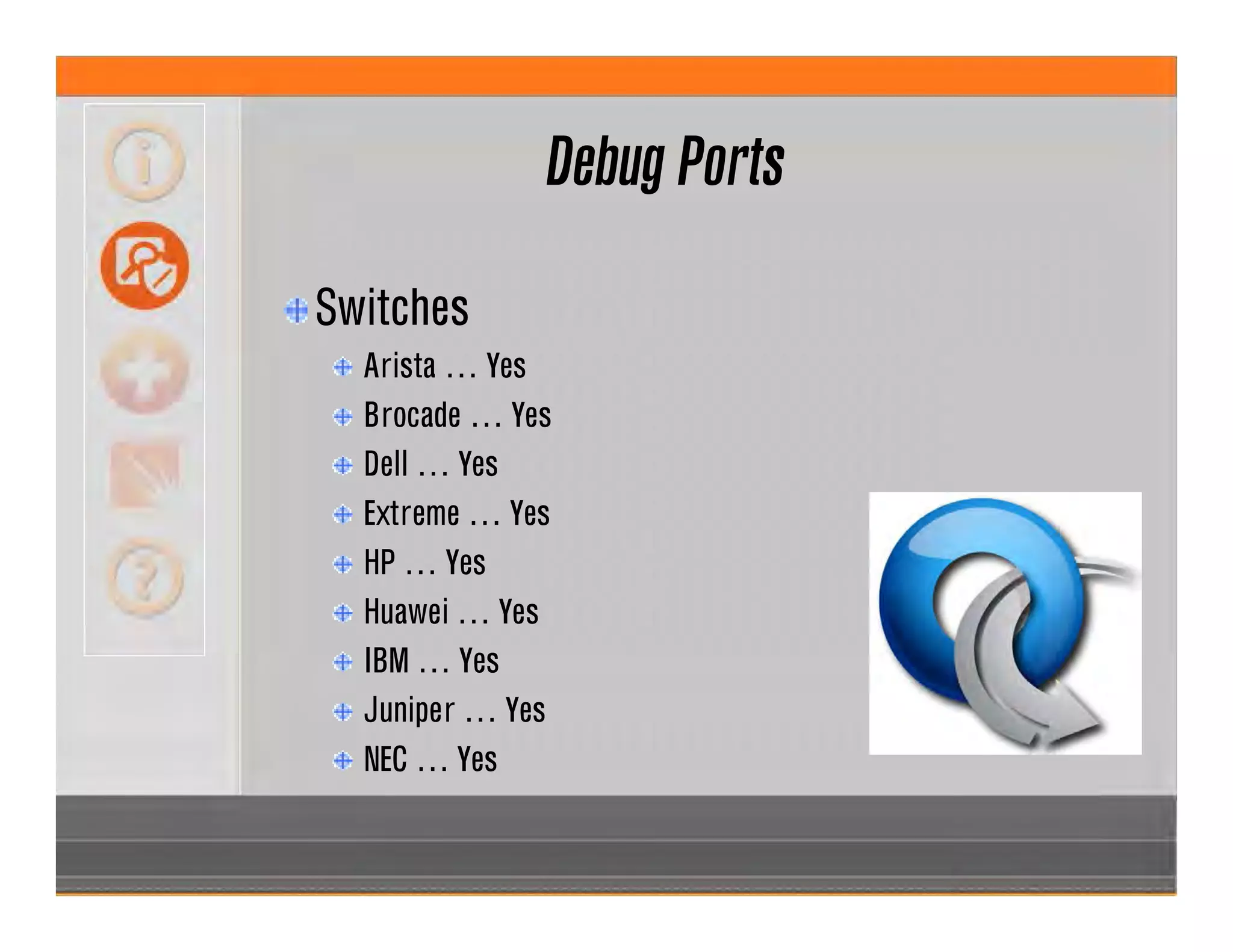 Debug Ports
Switches
Arista … Yes
Brocade … Yes
Dell … Yes
Extreme … Yes
HP … Yes
Huawei … Yes
IBM … Yes
Juniper … Yes
NEC … Yes
 