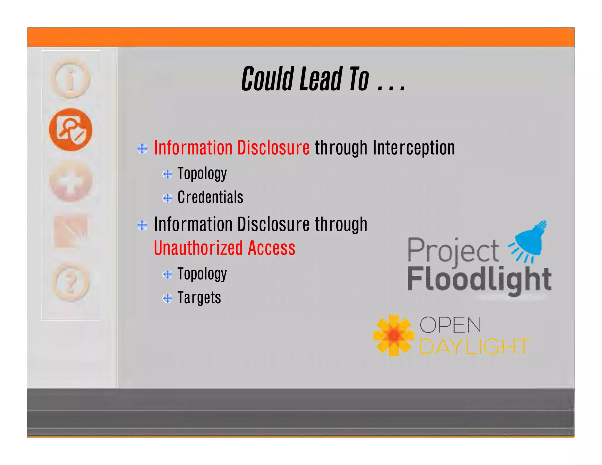 Could Lead To …
Information Disclosure through Interception
Topology
Credentials
Information Disclosure through
Unauthorized Access
Topology
Targets
 