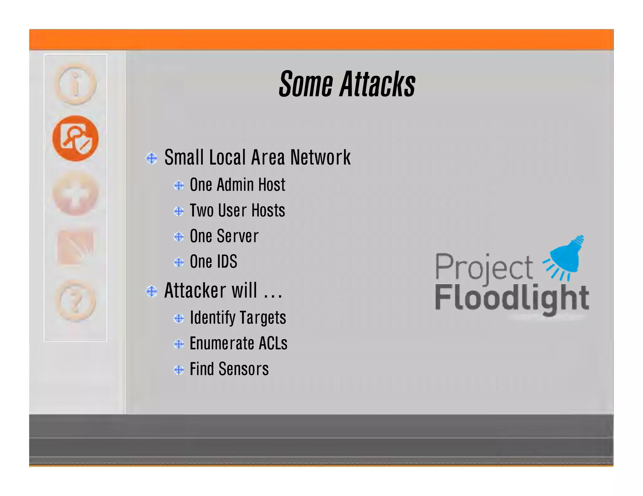 Some Attacks
Small Local Area Network
One Admin Host
Two User Hosts
One Server
One IDS
Attacker will …
Identify Targets
Enumerate ACLs
Find Sensors
 