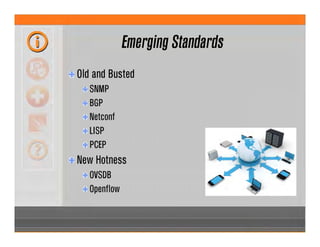 Emerging Standards
Old and Busted
SNMP
BGP
Netconf
LISP
PCEP
New Hotness
OVSDB
Openflow
 