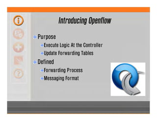 Introducing Openflow
Purpose
Execute Logic At the Controller
Update Forwarding Tables
Defined
Forwarding Process
Messaging Format
 