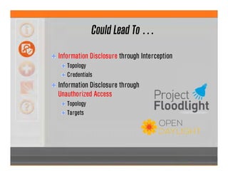 Could Lead To …
Information Disclosure through Interception
Topology
Credentials
Information Disclosure through
Unauthorized Access
Topology
Targets
 
