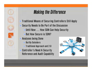 Making the Difference
Traditional Means of Securing Controllers Still Apply
Security Needs to Be Part of the Discussion
Until Now … How SDN Can Help Security
But How Secure is SDN?
Analyses being Done
But By Outsiders
Traditional Approach and 2-D
Controller’s Need A Security
Reference and Audit Capability
 