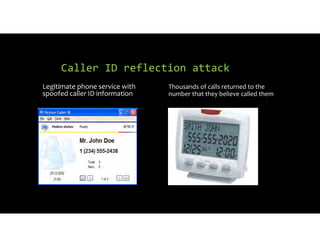 Caller ID reflection attack
Legitimate phone service with
spoofed caller ID information
Thousands of calls returned to the
number that they believe called them
 
