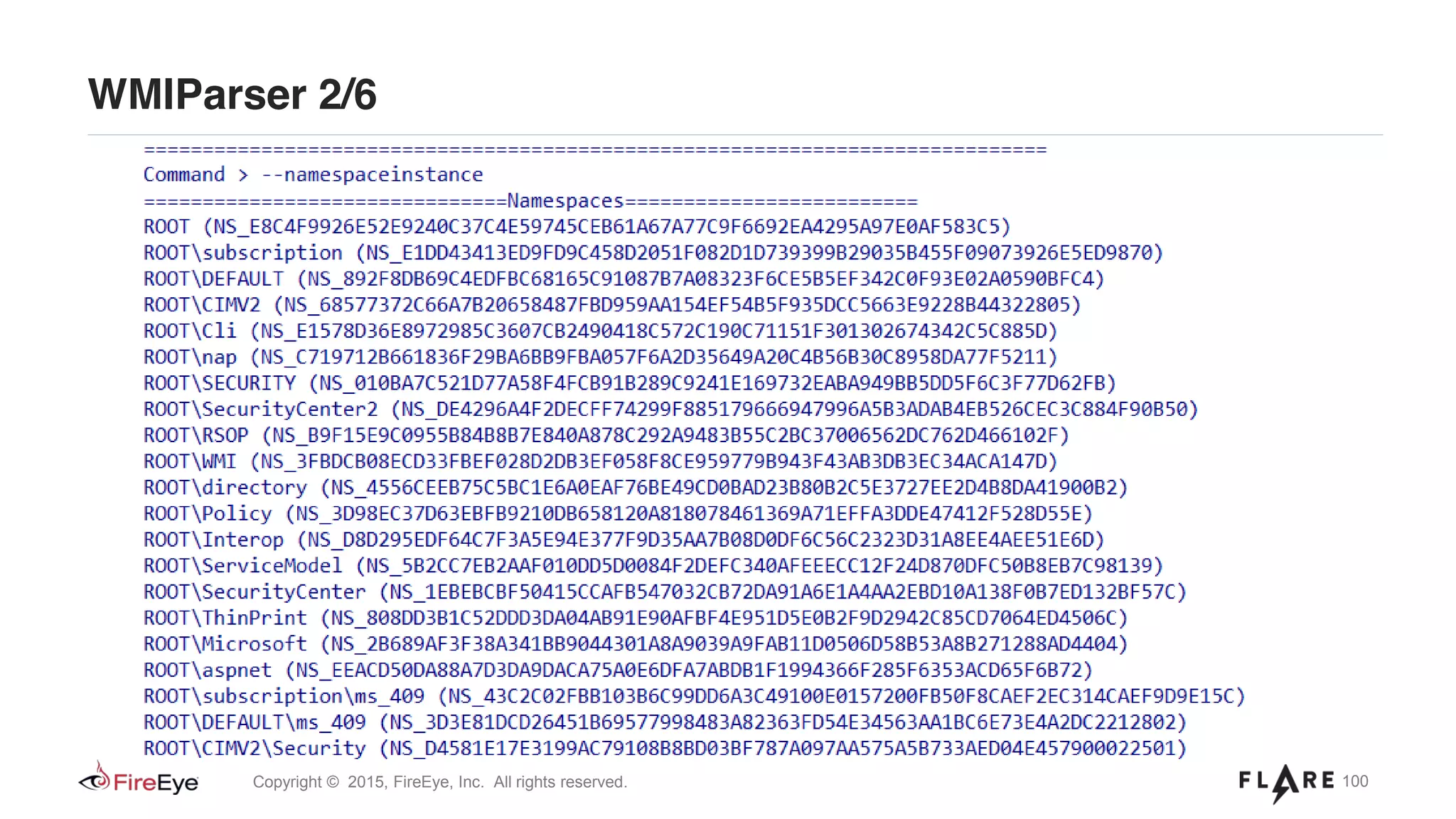 100Copyright © 2015, FireEye, Inc. All rights reserved.
WMIParser 2/6
 