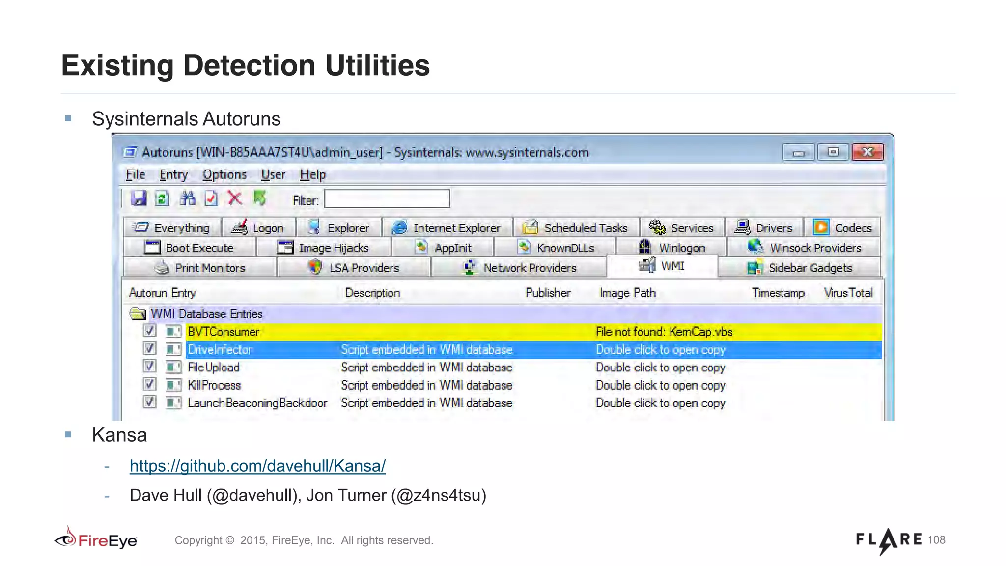 108Copyright © 2015, FireEye, Inc. All rights reserved.
Sysinternals Autoruns
Kansa
- https://github.com/davehull/Kansa/
- Dave Hull (@davehull), Jon Turner (@z4ns4tsu)
Existing Detection Utilities
 