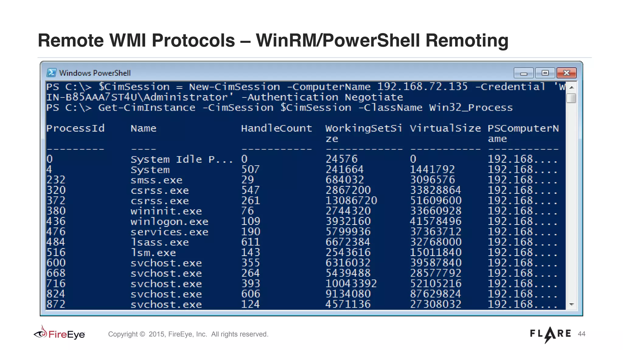 44Copyright © 2015, FireEye, Inc. All rights reserved.
Remote WMI Protocols – WinRM/PowerShell Remoting
 