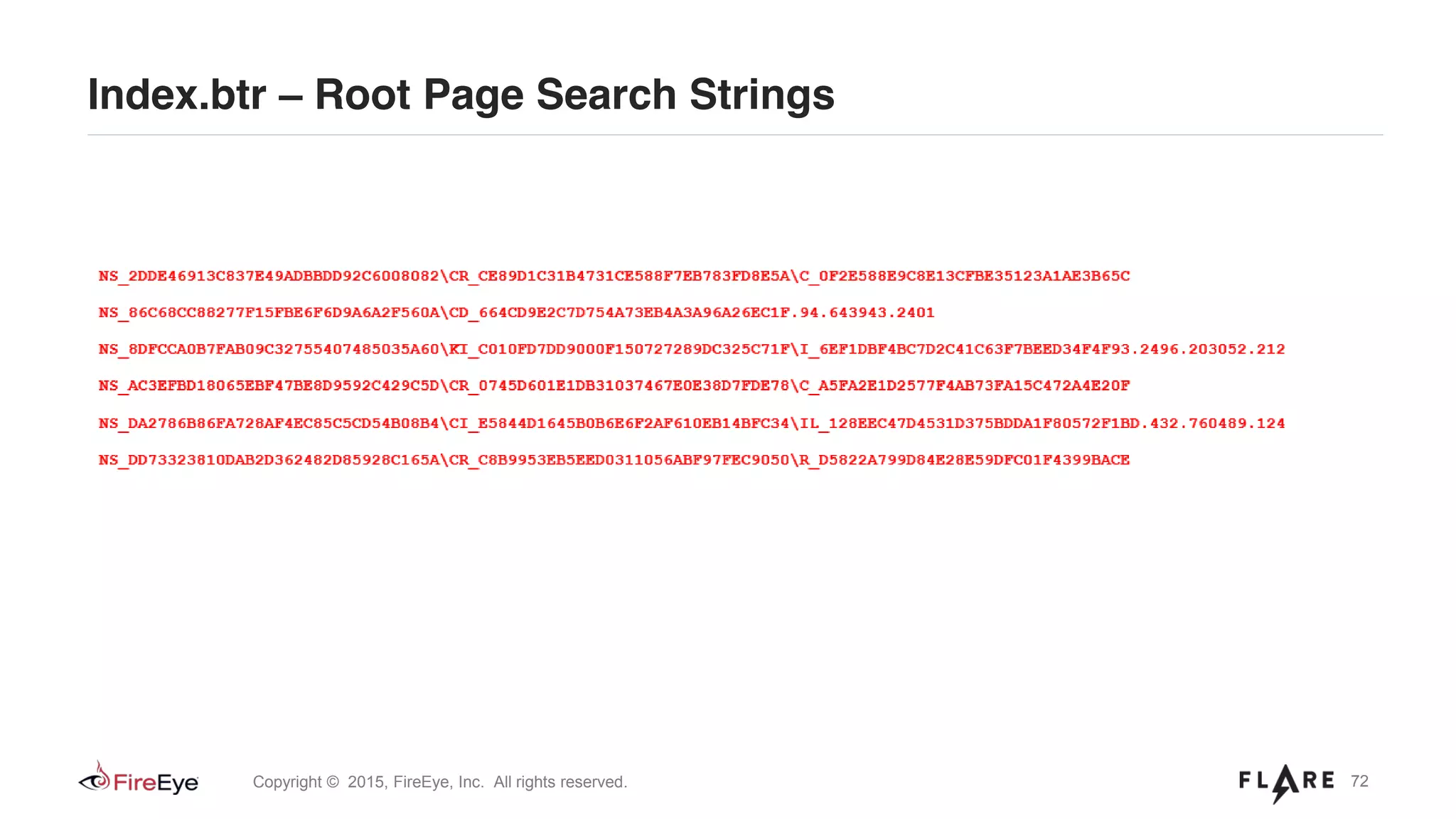 72Copyright © 2015, FireEye, Inc. All rights reserved.
Index.btr – Root Page Search Strings
 