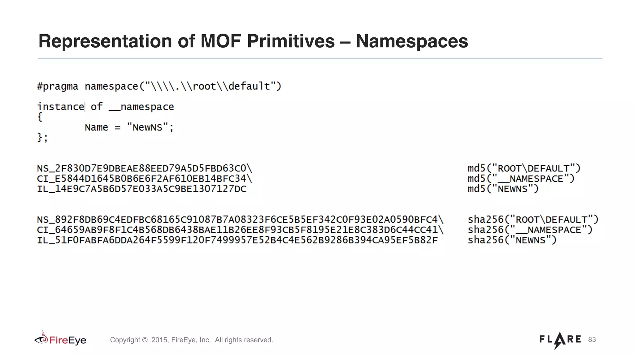 83Copyright © 2015, FireEye, Inc. All rights reserved.
Representation of MOF Primitives – Namespaces
 