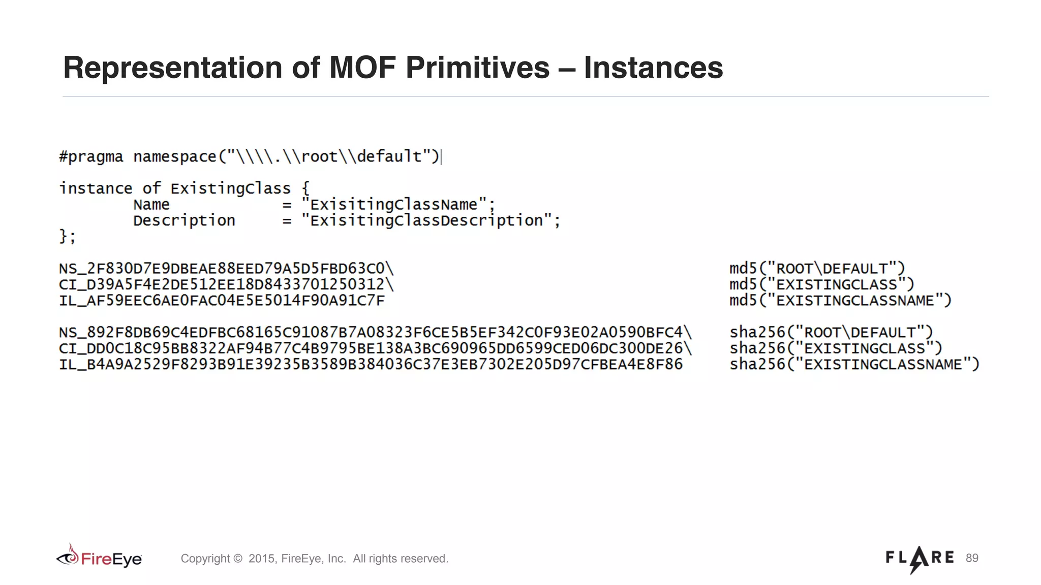 89Copyright © 2015, FireEye, Inc. All rights reserved.
Representation of MOF Primitives – Instances
 
