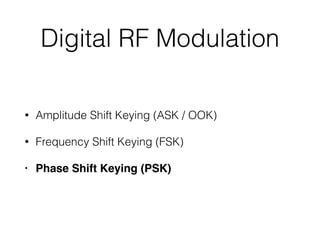 Digital RF Modulation
• Amplitude Shift Keying (ASK / OOK)
• Frequency Shift Keying (FSK)
• Phase Shift Keying (PSK)
 