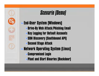 Scenario (Demo)
End-User System (Windows)
Drive-By Web Attack/Phishing Email
Key Logging for Default Accounts
SDN Discovery (Southbound API)
Second Stage Attack
Network Operating System (Linux)
Compromised Login
Plant and Start Binaries (Backdoor)
 