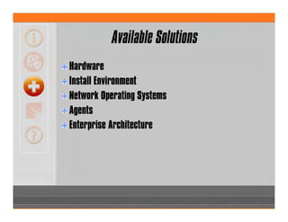 Available Solutions
Hardware
Install Environment
Network Operating Systems
Agents
Enterprise Architecture
 
