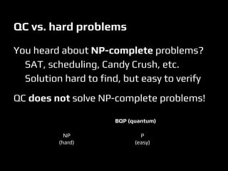 You heard about NP-complete problems?
SAT, scheduling, Candy Crush, etc.
Solution hard to find, but easy to verify
QC does not solve NP-complete problems!
QC vs. hard problems
NNP
P
(easy)NNP
NP
(hard)
NNP
BQP (quantum)
 
