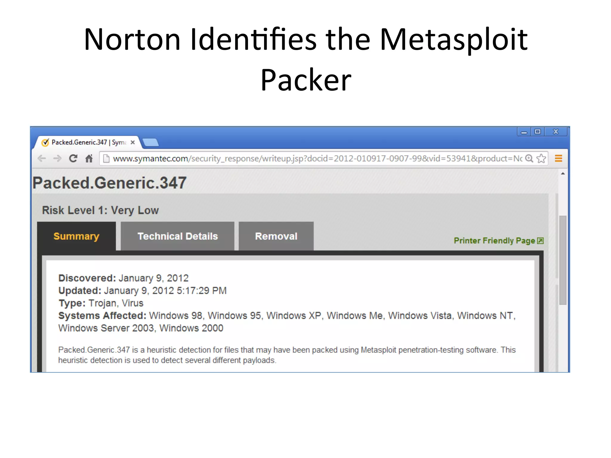 Norton$IdenBﬁes$the$Metasploit$
Packer$
 