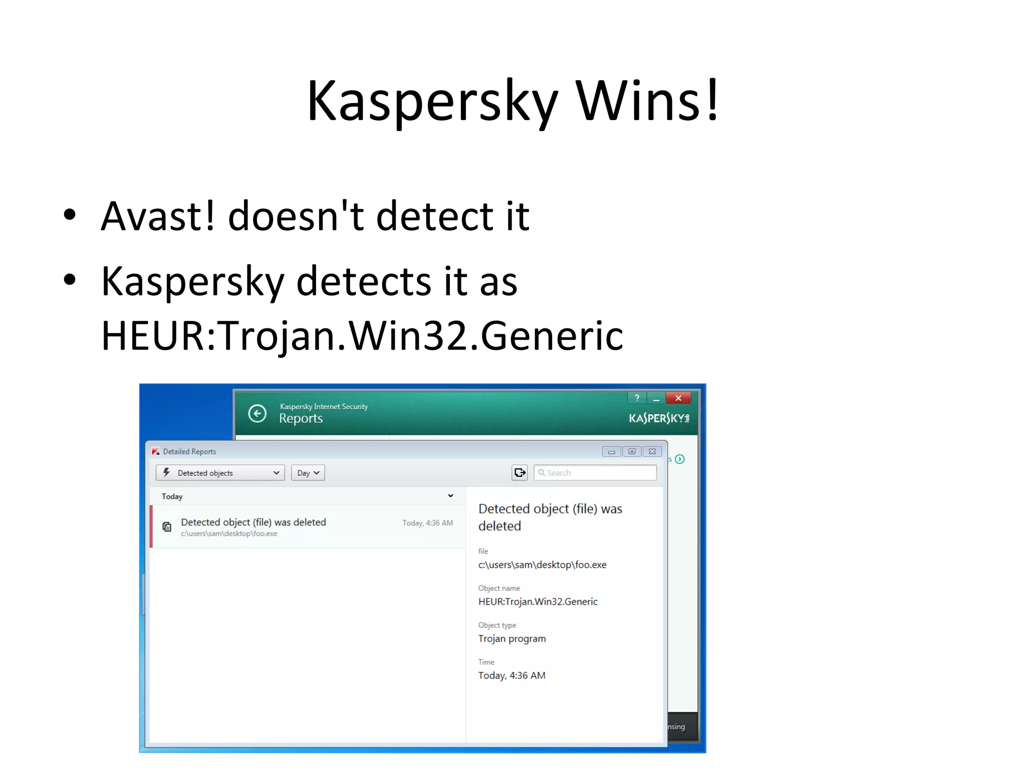 Kaspersky$Wins!$
•  Avast!$doesn't$detect$it$
•  Kaspersky$detects$it$as$
HEUR:Trojan.Win32.Generic$
 