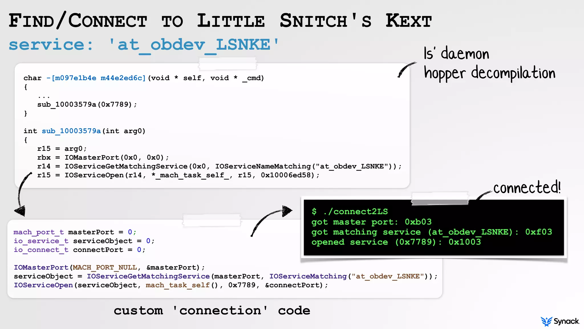 service: 'at_obdev_LSNKE'
FIND/CONNECT TO LITTLE SNITCH'S KEXT
char -[m097e1b4e m44e2ed6c](void * self, void * _cmd)
{
...
sub_10003579a(0x7789);
}
int sub_10003579a(int arg0)
{
r15 = arg0;
rbx = IOMasterPort(0x0, 0x0); 
r14 = IOServiceGetMatchingService(0x0, IOServiceNameMatching("at_obdev_LSNKE"));
r15 = IOServiceOpen(r14, *_mach_task_self_, r15, 0x10006ed58);
mach_port_t masterPort = 0;
io_service_t serviceObject = 0;
io_connect_t connectPort = 0;
IOMasterPort(MACH_PORT_NULL, &masterPort);
serviceObject = IOServiceGetMatchingService(masterPort, IOServiceMatching("at_obdev_LSNKE"));
IOServiceOpen(serviceObject, mach_task_self(), 0x7789, &connectPort);
ls' daemon
hopper decompilation
$ ./connect2LS
got master port: 0xb03
got matching service (at_obdev_LSNKE): 0xf03
opened service (0x7789): 0x1003
custom 'connection' code
connected!
 