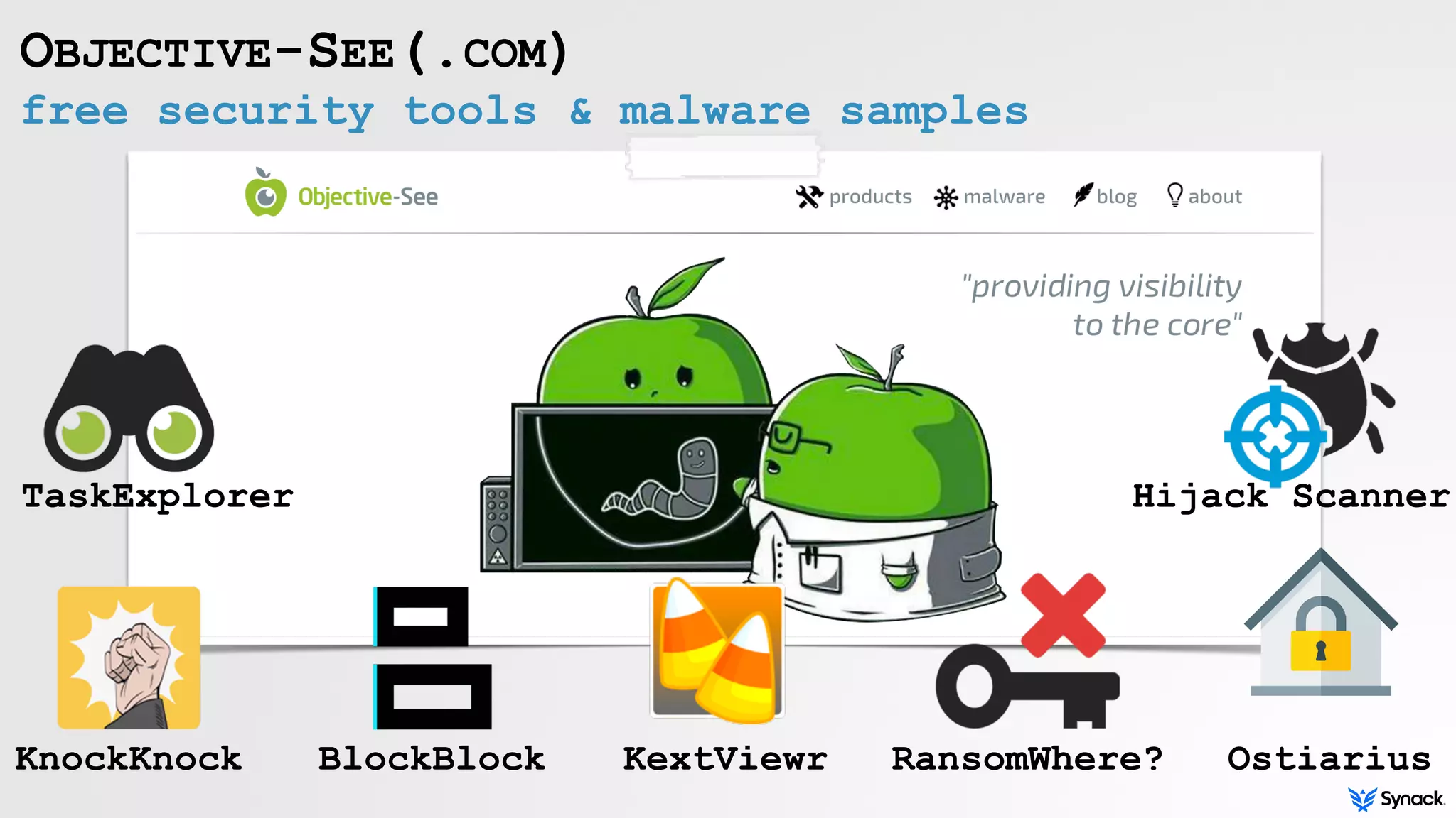 free security tools & malware samples
OBJECTIVE-SEE(.COM)
KnockKnock BlockBlock
TaskExplorer
Ostiarius
Hijack Scanner
KextViewr RansomWhere?
 