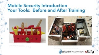 Mobile Security Introduction
Your Tools: Before and After Training
Image Source: http://ecx.images-
amazon.com/images/I/91x7VVl7NVL._SL1500_.jpg Image Source: http://cdn.business2community.com/wp-
content/uploads/2013/10/inbound-marketing-toolbox.jpg
 