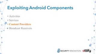 Exploiting Android Components
• Activities
• Services
• Content Providers
• Broadcast Receivers
 
