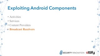 Exploiting Android Components
• Activities
• Services
• Content Providers
• Broadcast Receivers
 