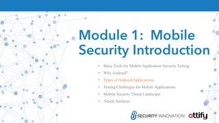 Module 1: Mobile
Security Introduction
• Basic Tools for Mobile Application Security Testing
• Why Android?
• Types of Android Applications
• Testing Challenges for Mobile Applications
• Mobile Security Threat Landscape
• Attack Surfaces
 
