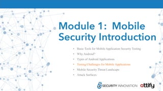 Module 1: Mobile
Security Introduction
• Basic Tools for Mobile Application Security Testing
• Why Android?
• Types of Android Applications
• Testing Challenges for Mobile Applications
• Mobile Security Threat Landscape
• Attack Surfaces
 